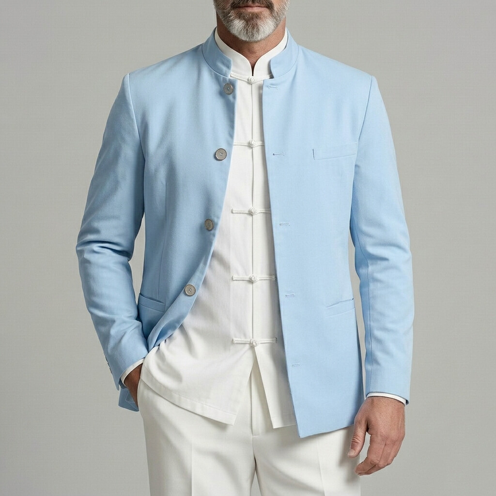 Chaqueta Mandarin Collar Welt Pockets Single Breasted de color sólido para hombre