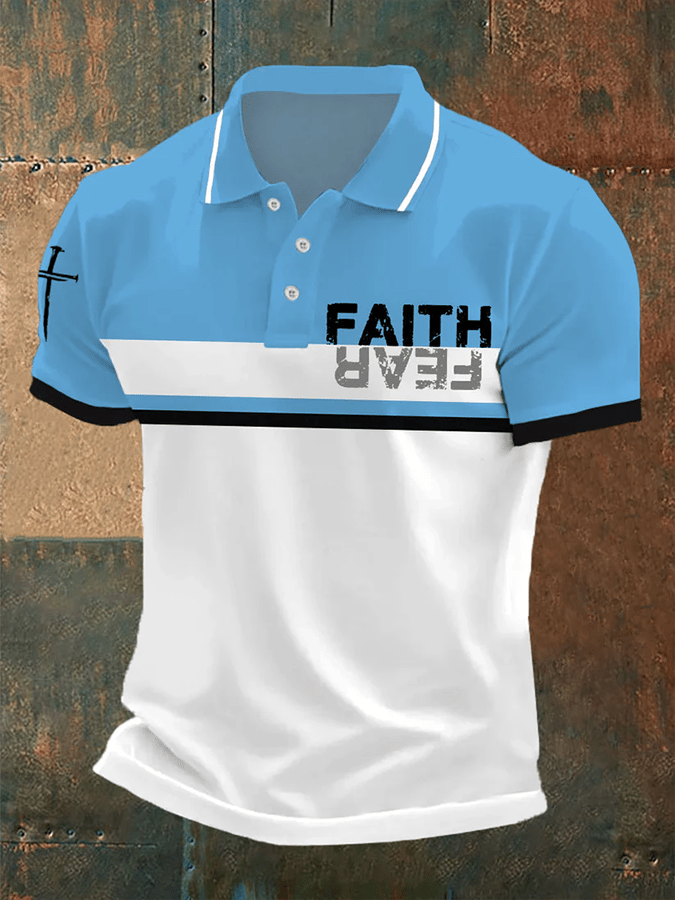 Camisa polo retro Faith “Faith Over Fear�? casual estampado para hombre