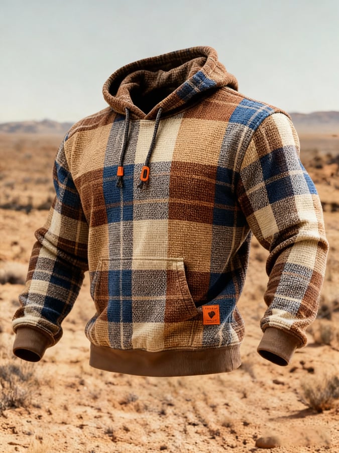 Sudadera retro a cuadros Contrast Color Hooded para hombre