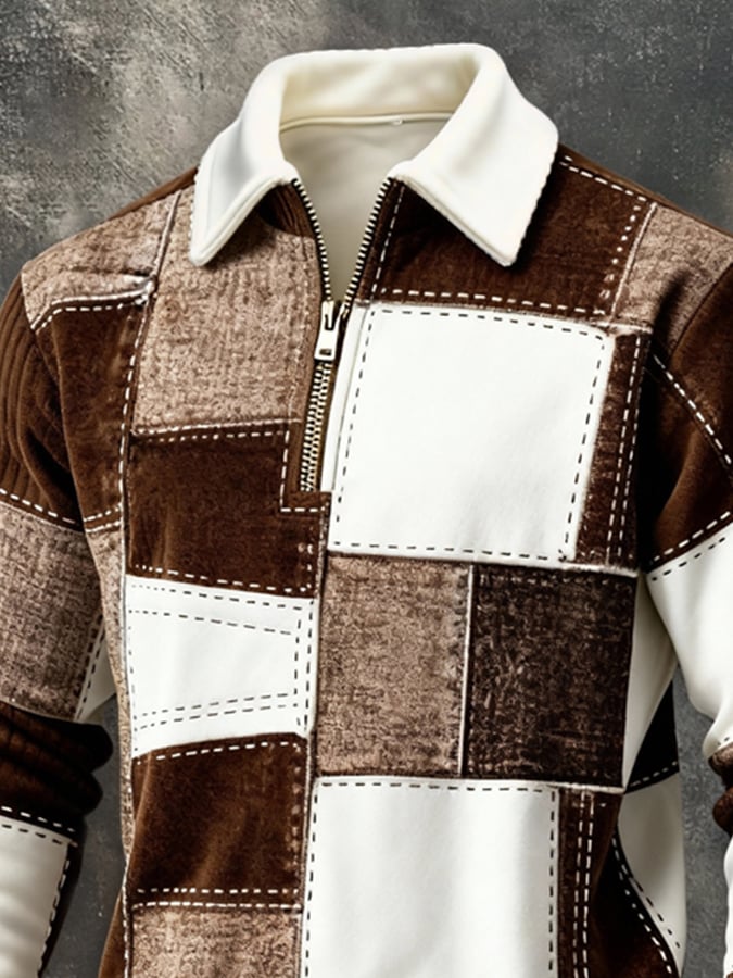 Sudadera retro en bloques de color estampado Color-Blocked con cierre para hombre