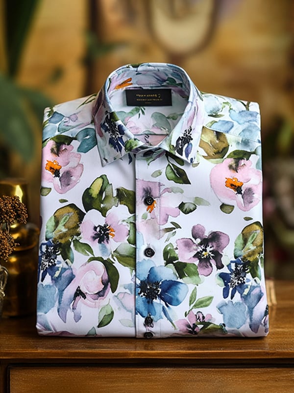 Camisa casual Watercolor floral estampado de manga larga para hombre