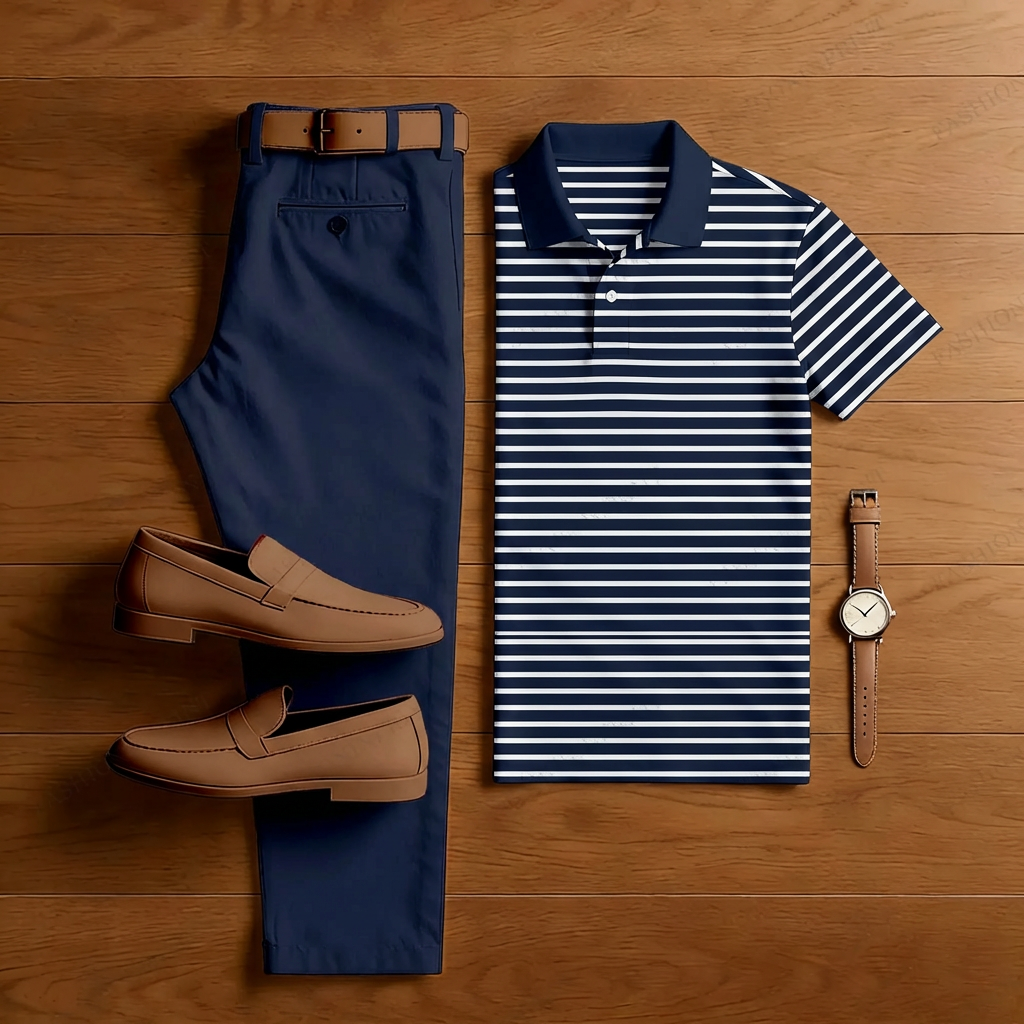 Conjunto de dos piezas casual Blue a rayas estampado de manga corta camisa polo And Trousers para hombre
