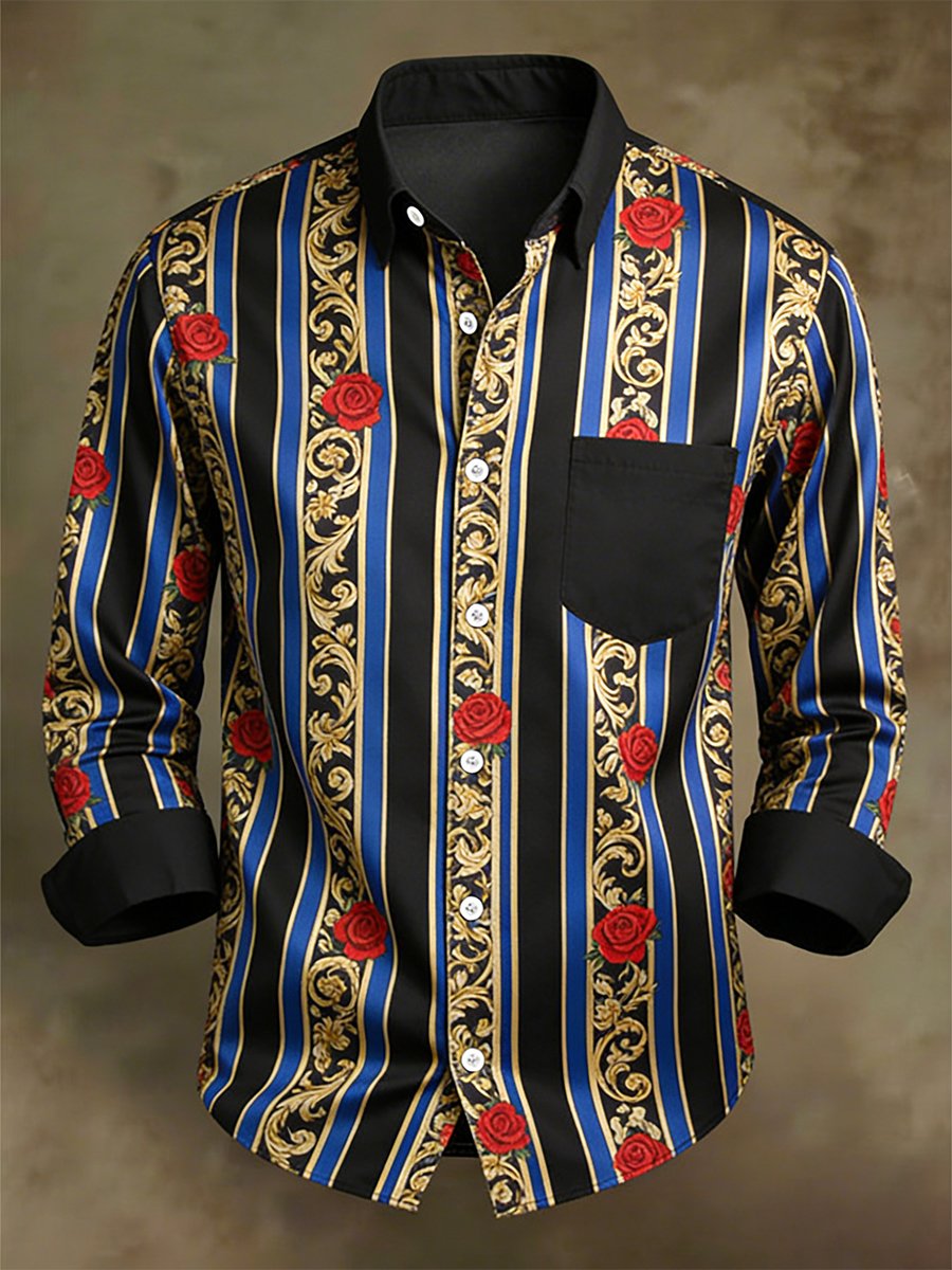 Camisa retro ejecutivo casual Baroque Rose a rayas de manga larga para hombre