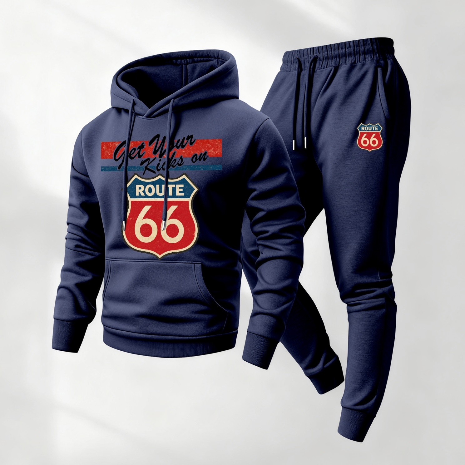 Sudadera con capucha Route 66 retro Patterned And Drawstring Track pantalón Set, casual Athletic de manga larga Hooded chaqueta And pantalón, Suitable For Fall And Winter, Street Style sudadera con capucha Set, Everyday Wear, Indoor And para exterior Sportswear, para hombre