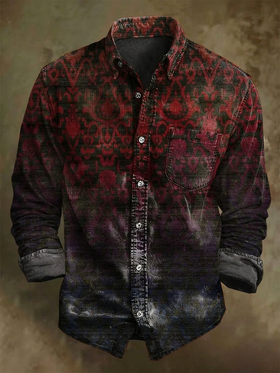 para hombre vintage Art de manga largad camisa