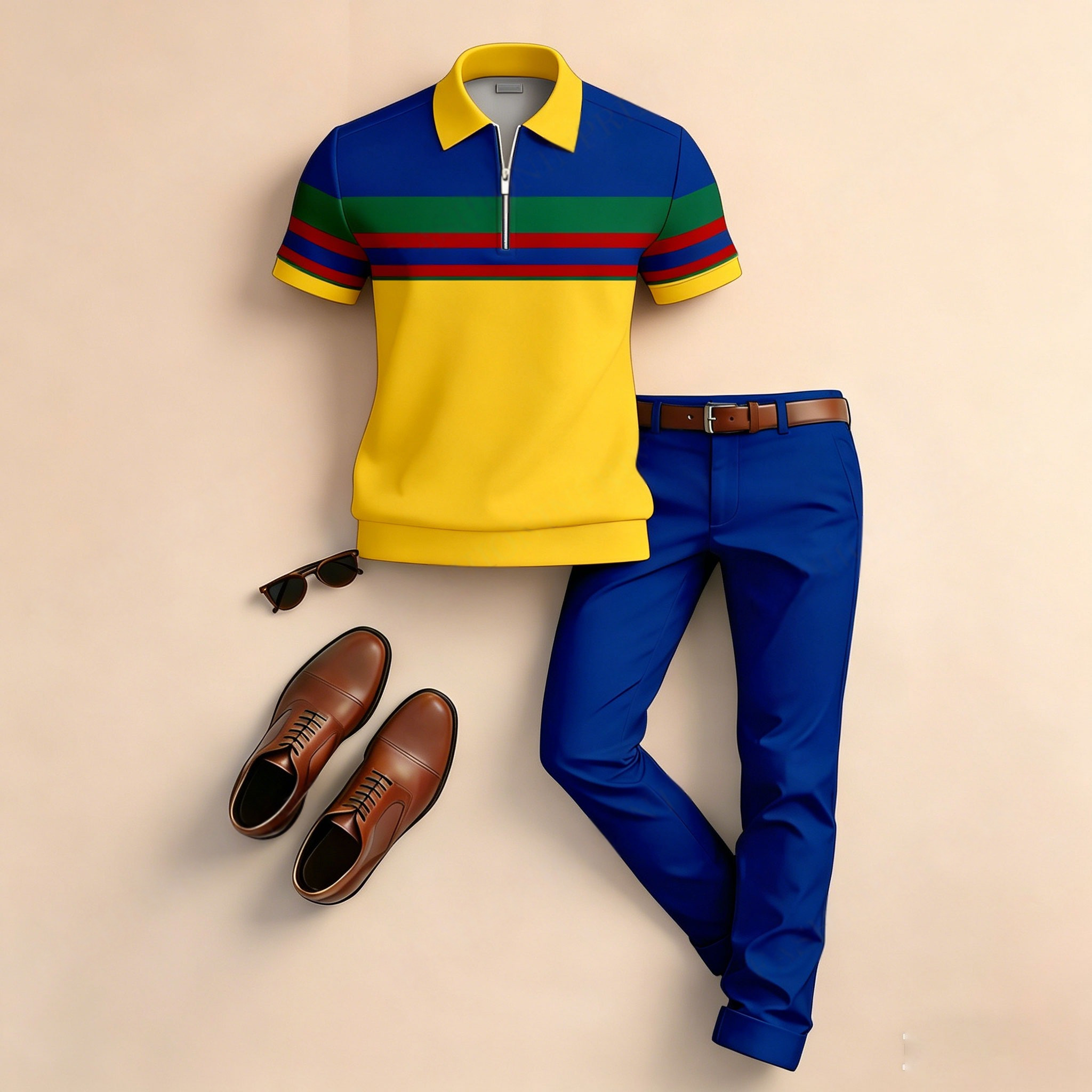 Conjunto de dos piezas casual Horizontal a rayas Patchpara trabajo estampado de manga corta camisa polo And pantalón para hombre