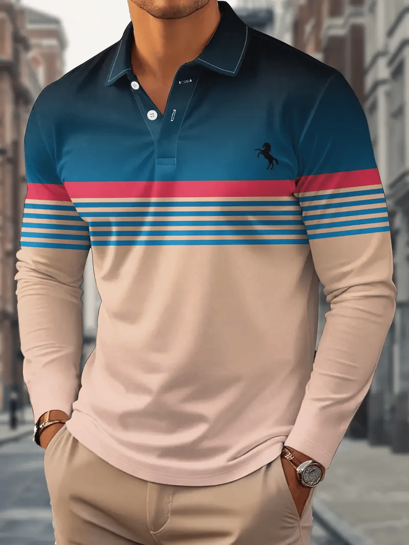Camisa polo ejecutivo casual a rayas de manga larga para hombre