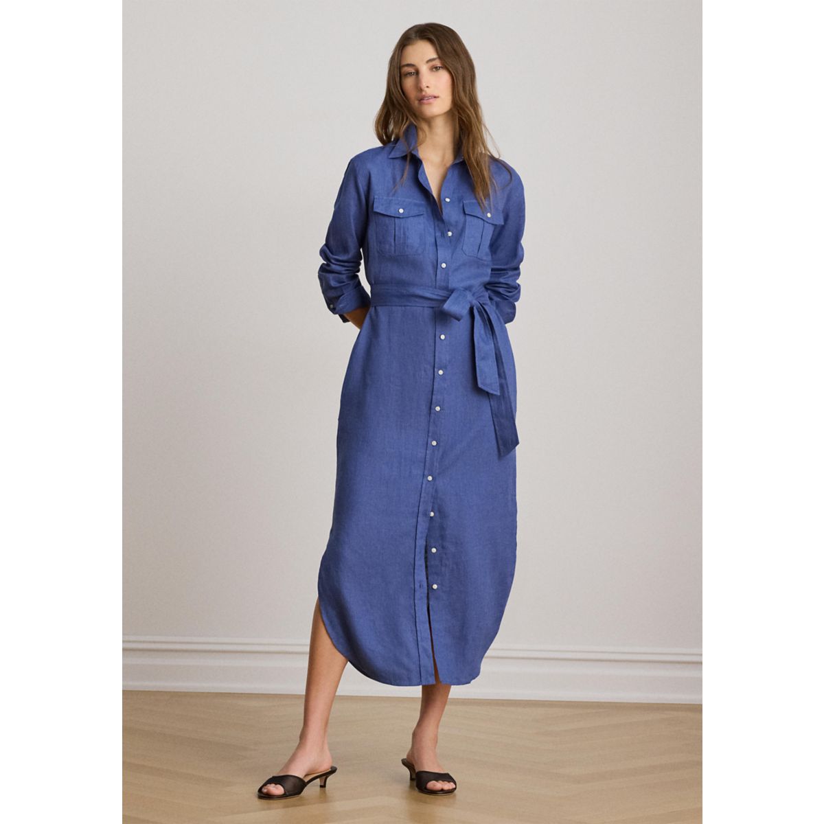 Belted Linen Midi Shirtdress - 1