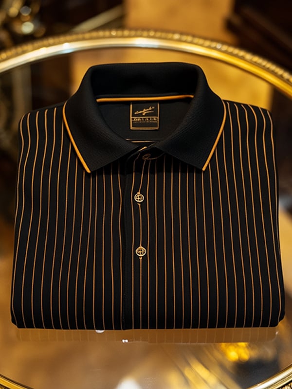Camisa polo retro ejecutivo rayas estampado de manga larga para hombre