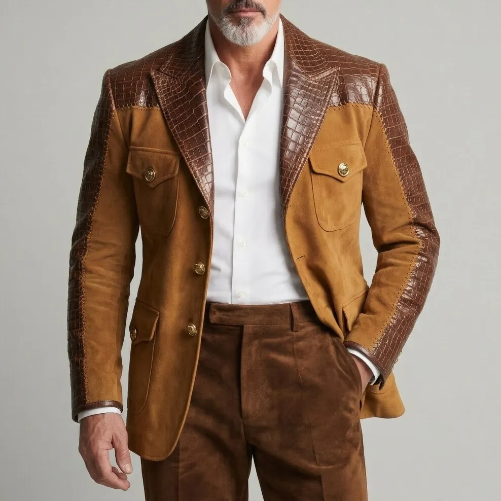 para hombre Brown Suede Patchwork PU Leather Peak Lapel Single Pockets Breasted de corte entallado saco