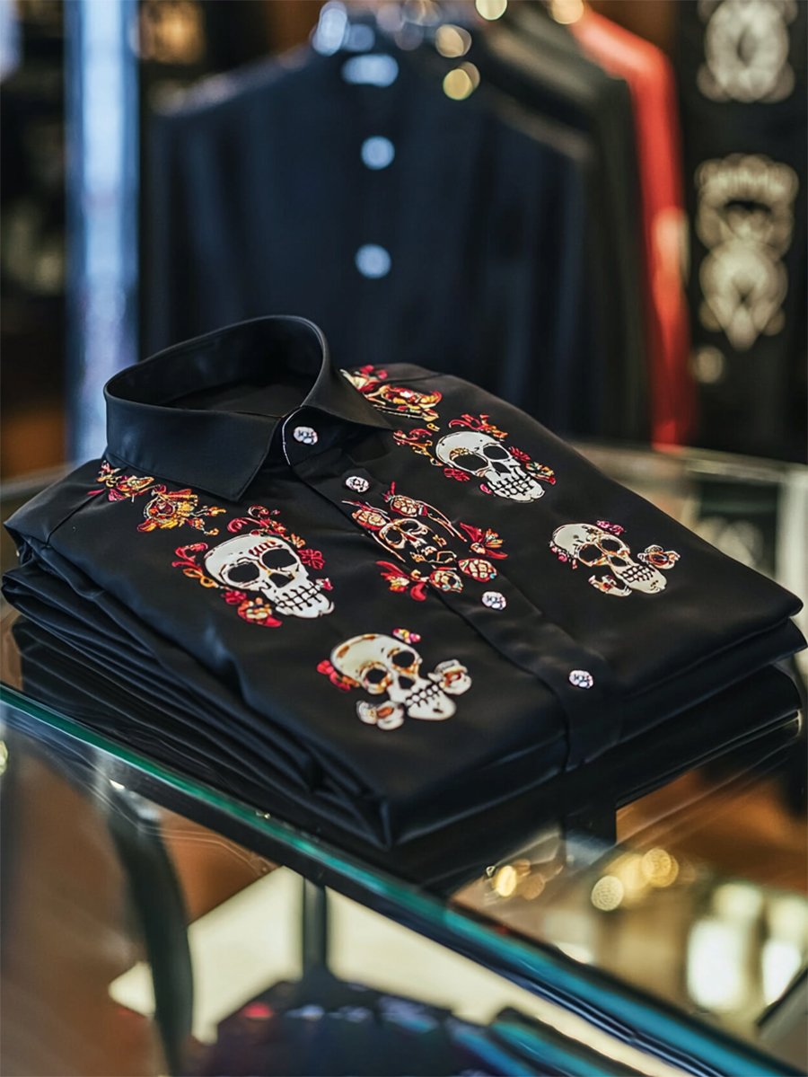 Camisa satén Luxe Skull de manga larga con botones para hombre