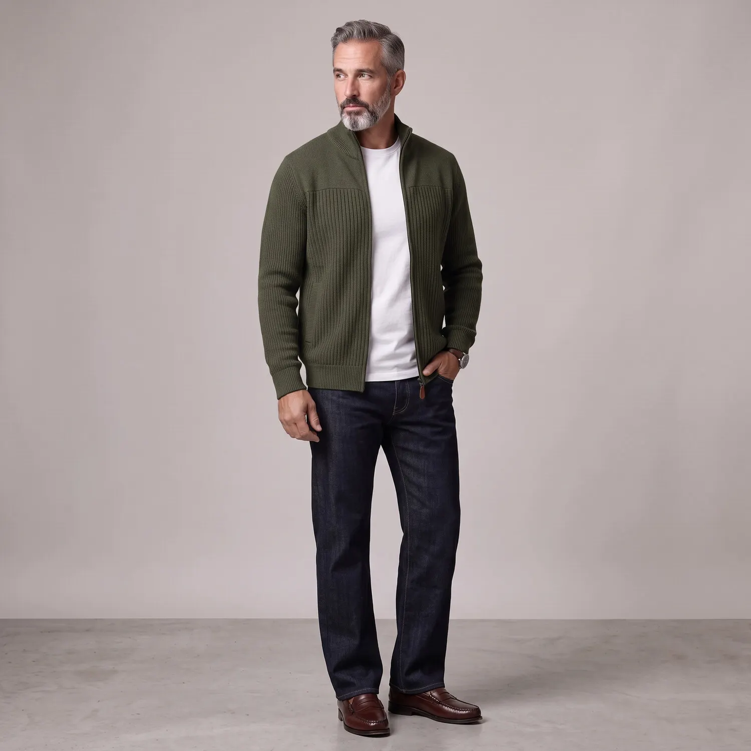 para hombre Army Green Stand Collar Ribbed tejidoted Full-Zip Cardigan