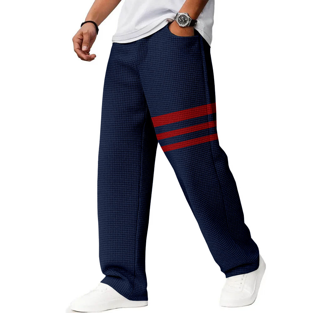 De moda Dark Blue & Red rayas estampado Straight Leg Trousers para hombre