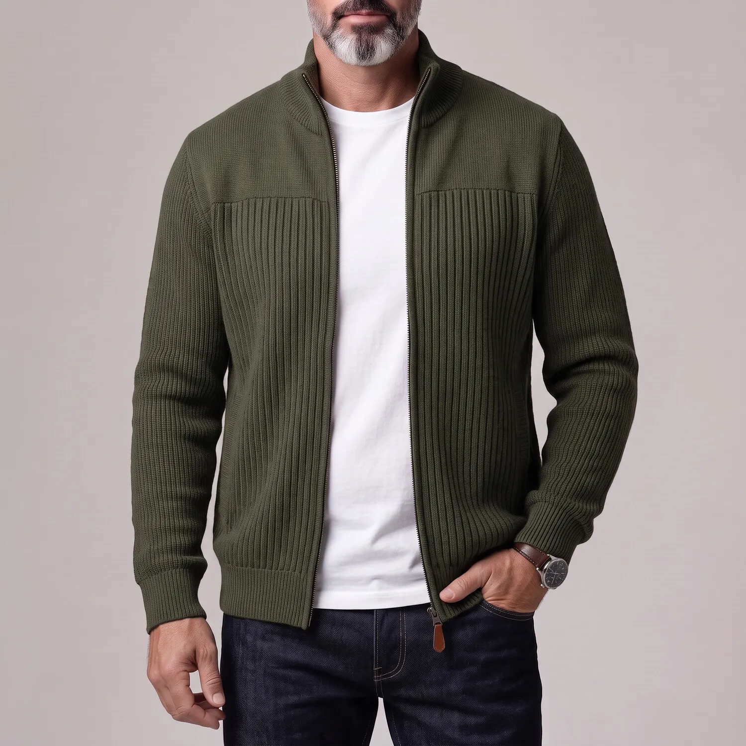 para hombre Army Green Stand Collar Ribbed tejidoted Full-Zip Cardigan