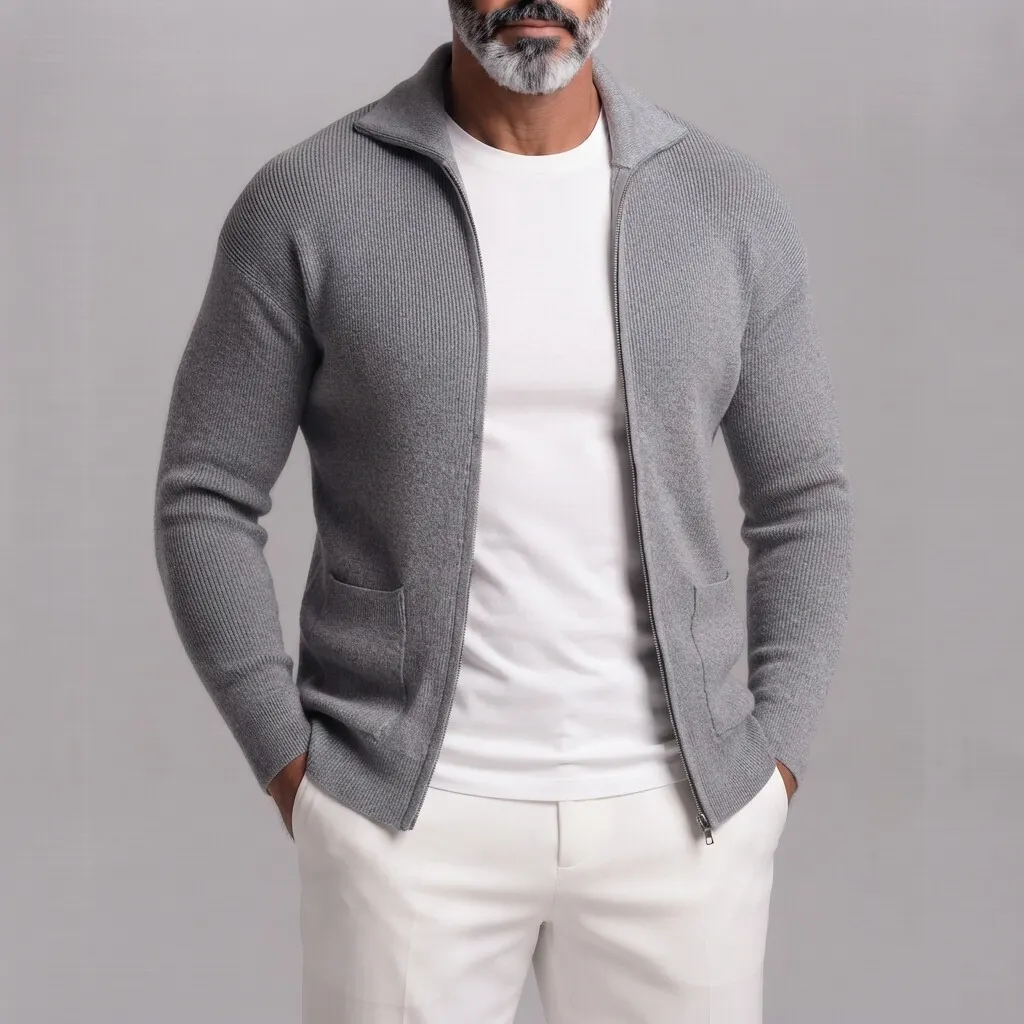 para hombre Gray Ribbed tejido Patch Pockets de corte entallado Full Zip Cardigan