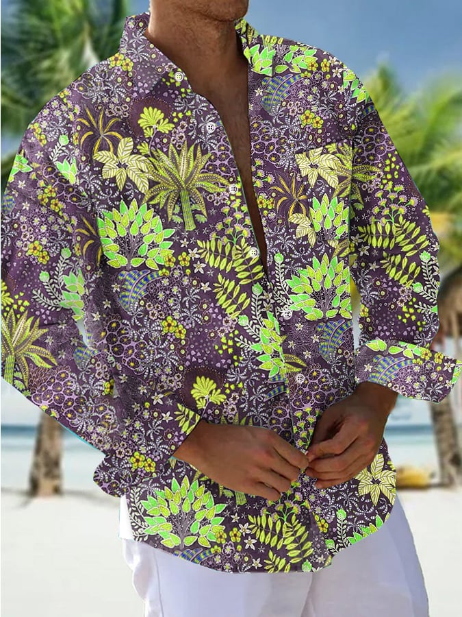 Camisa vintage floral Pocket de manga larga para hombre
