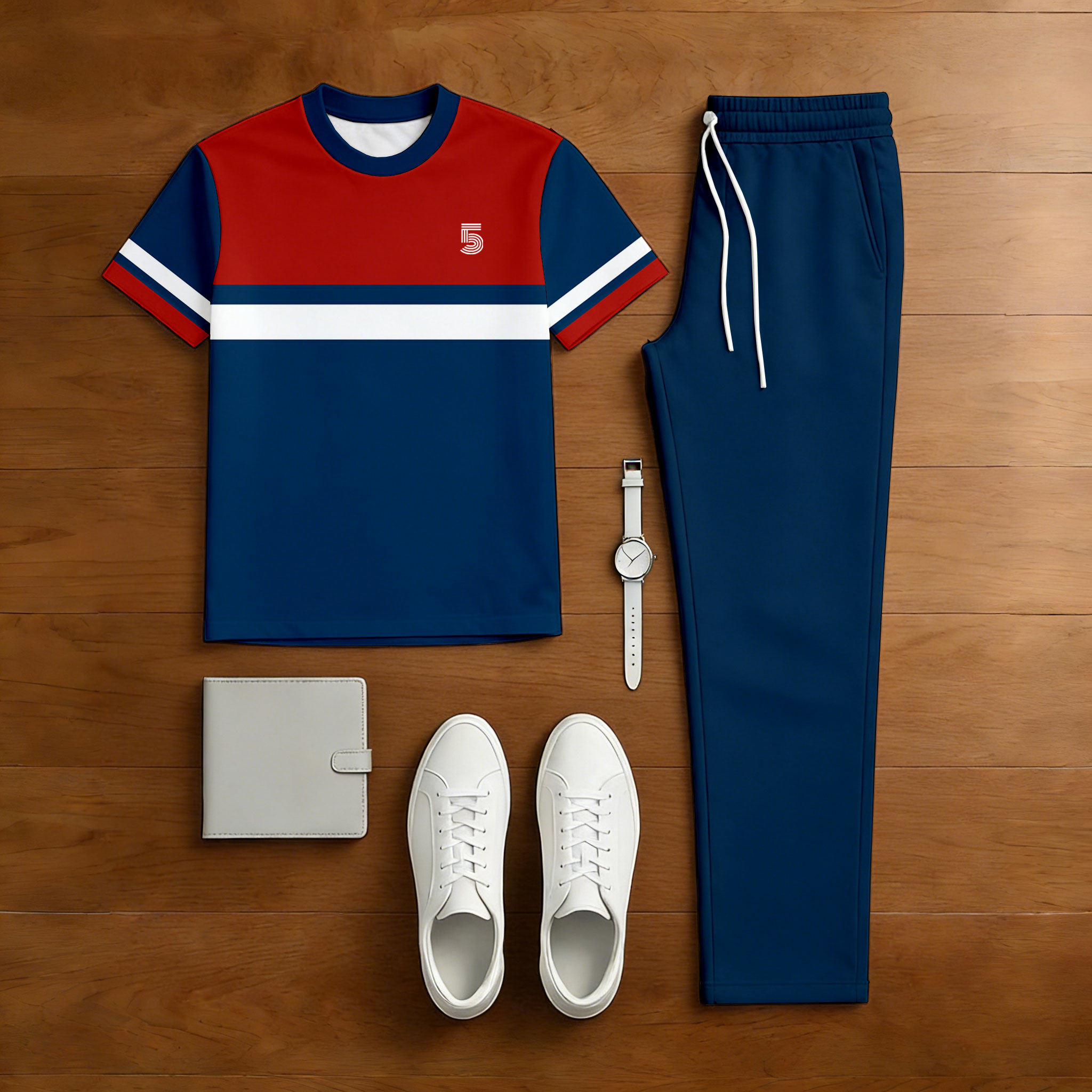 Conjunto de dos piezas casual Red & Navy Blue Color Matching estampado de manga corta camiseta & Trousers para hombre