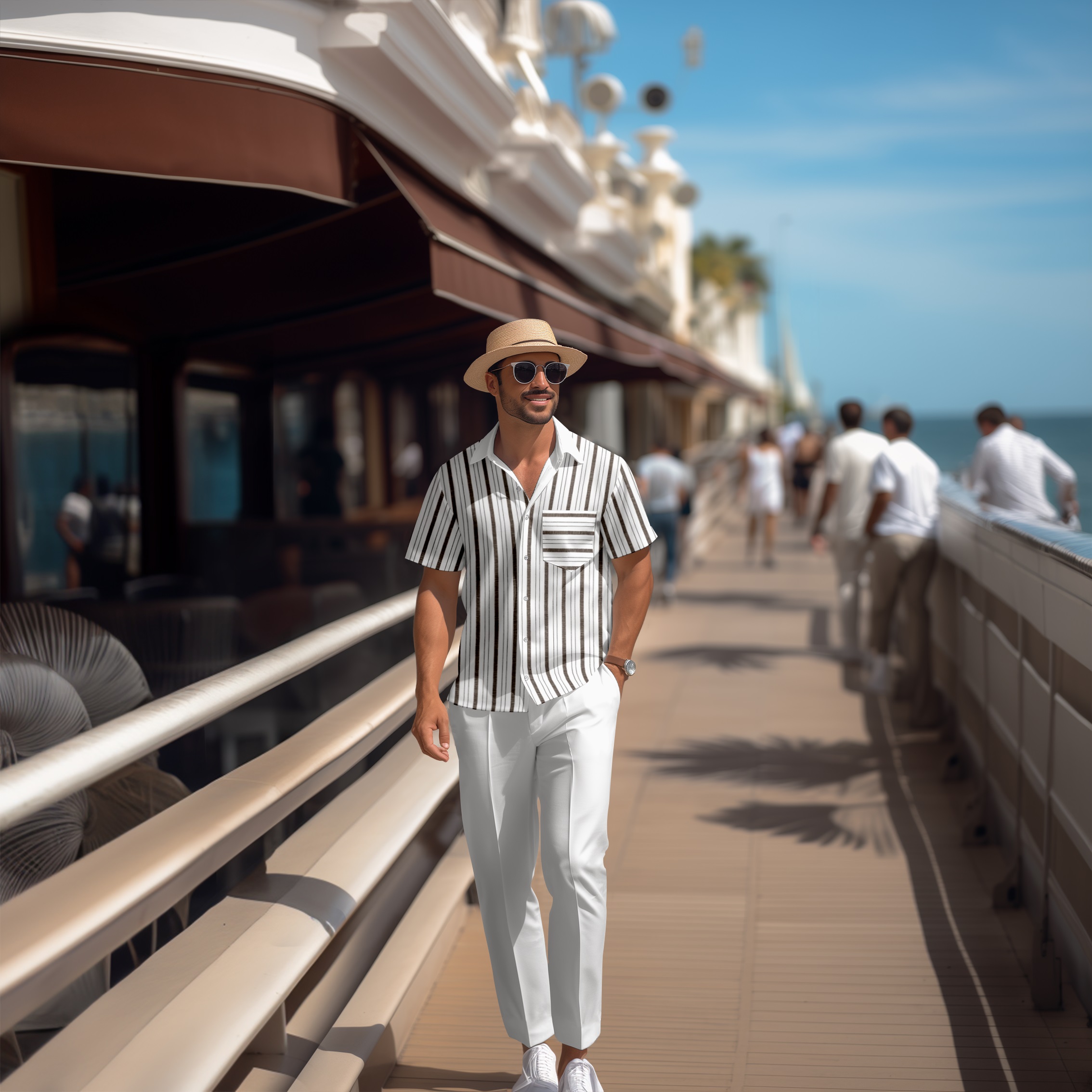 Camisa White a rayas Colorblock de manga corta Walking Suit 1669 para hombre