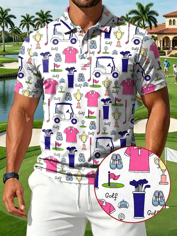 Camisa polo Pink Golf Icon estampado casual para hombre