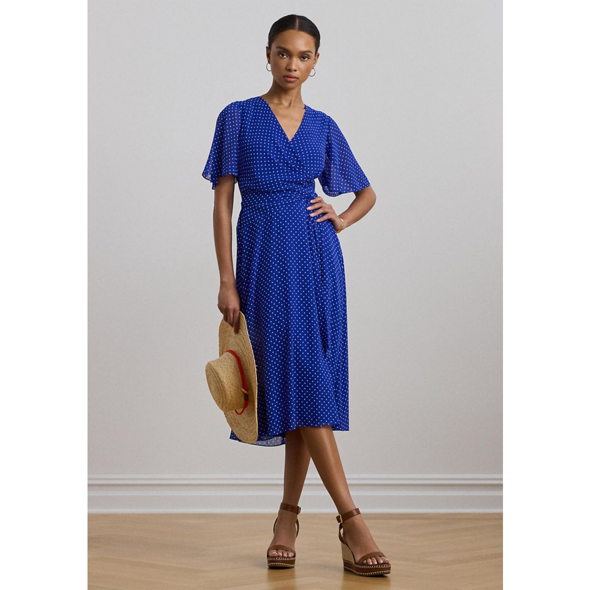 Polka Dot Belted Crinkle Georgette Dress - 5
