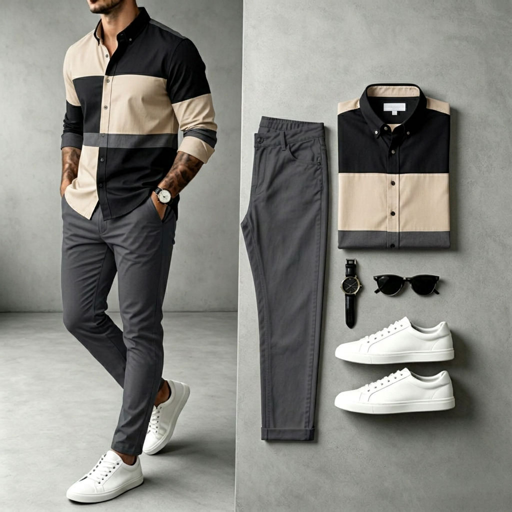 Camisa Two-Tone de manga larga and pantalón Set para hombre