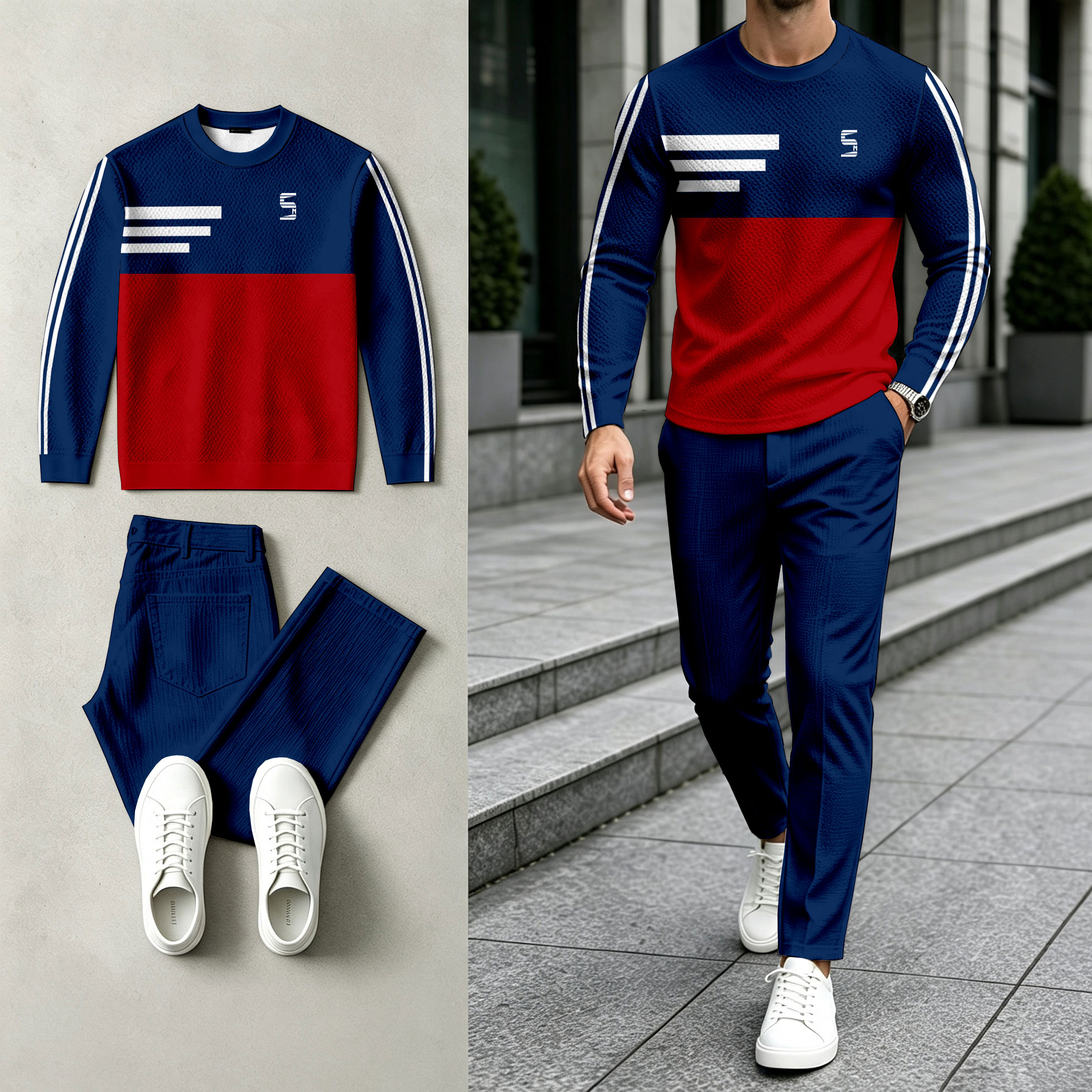 para hombre Color-Blocked Round-Neck Sweacamiseta and pantalón Set