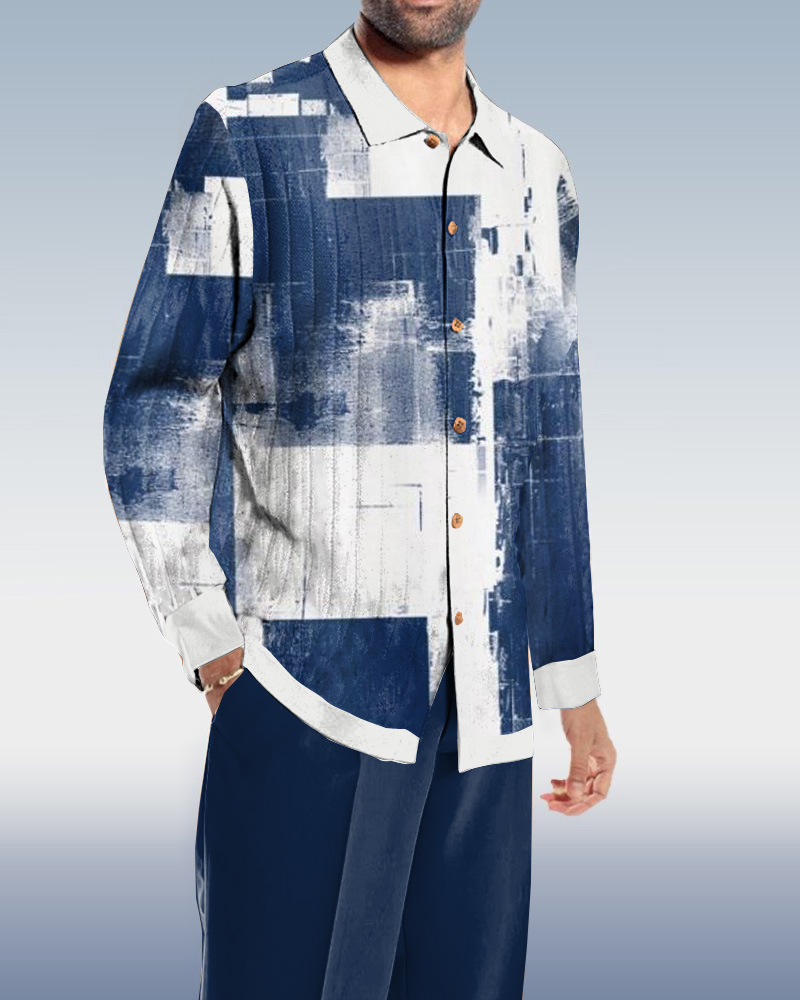 Casual Blue And White Block Splicing Walking Suit de manga larga Set para hombre