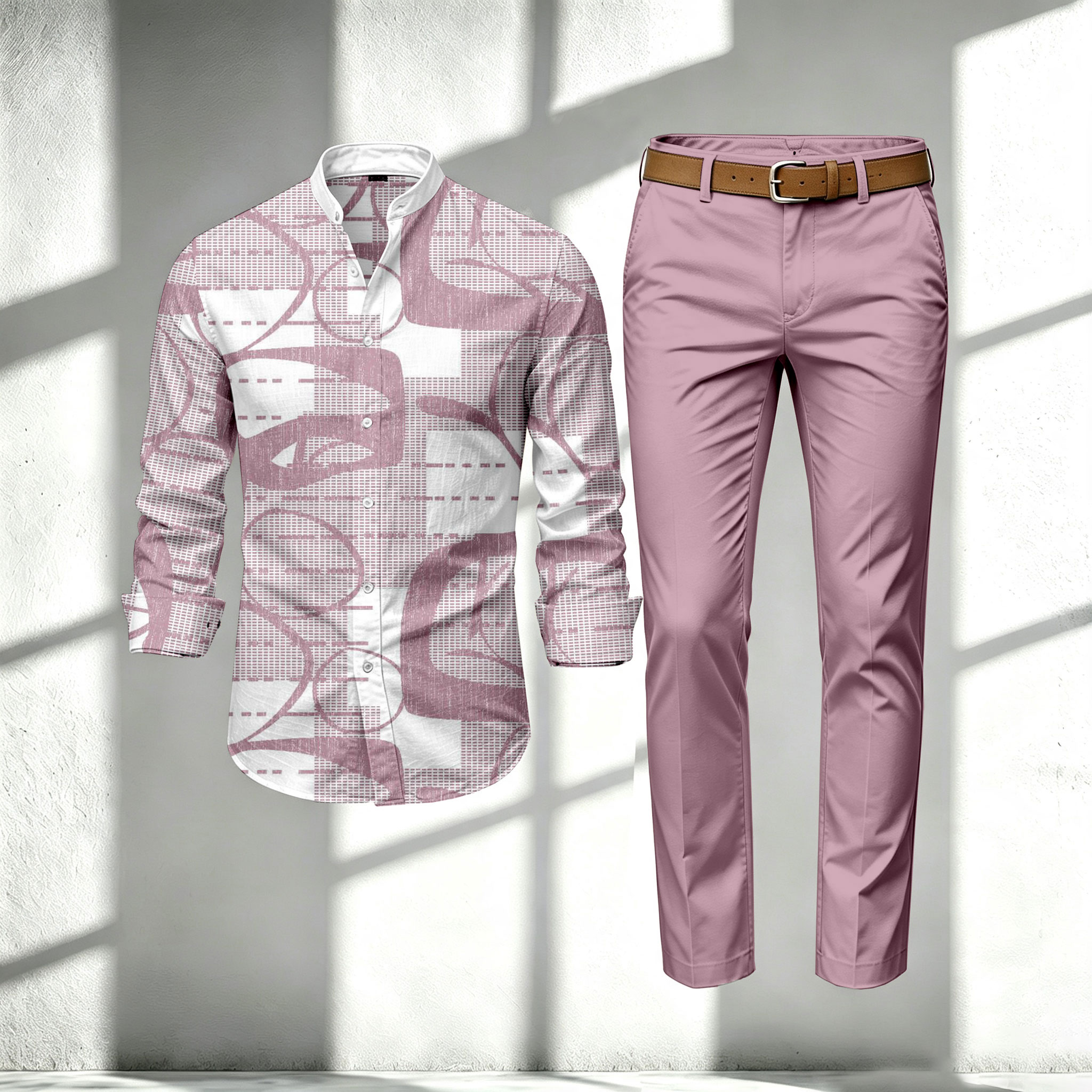 para hombre Pink-and-White Color-Blocked Stand-Collar de manga larga camisa and pantalón Set