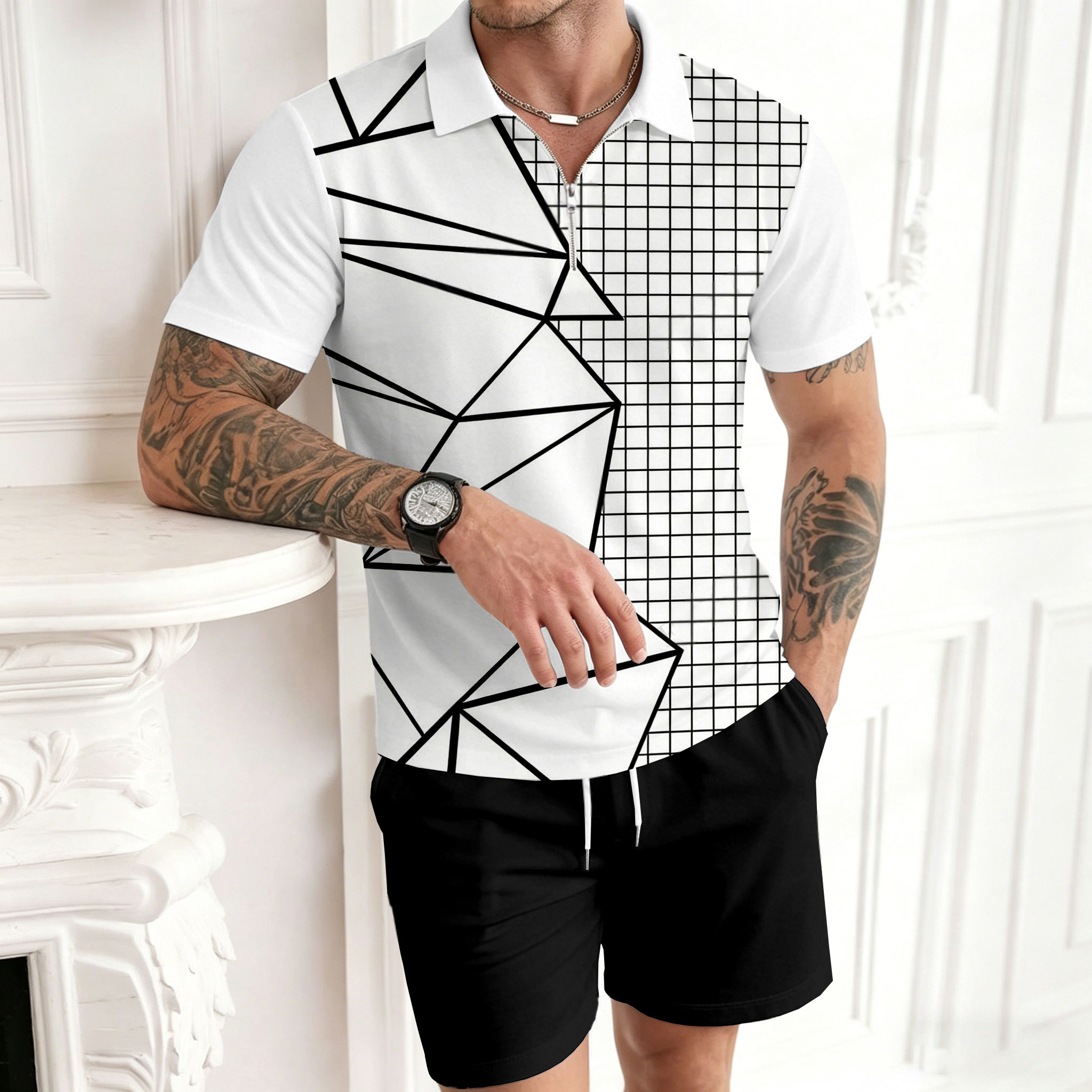 Conjunto de dos piezas casual White Lines Color Matching estampado de manga corta Zipper camisa polo & shorts para hombre