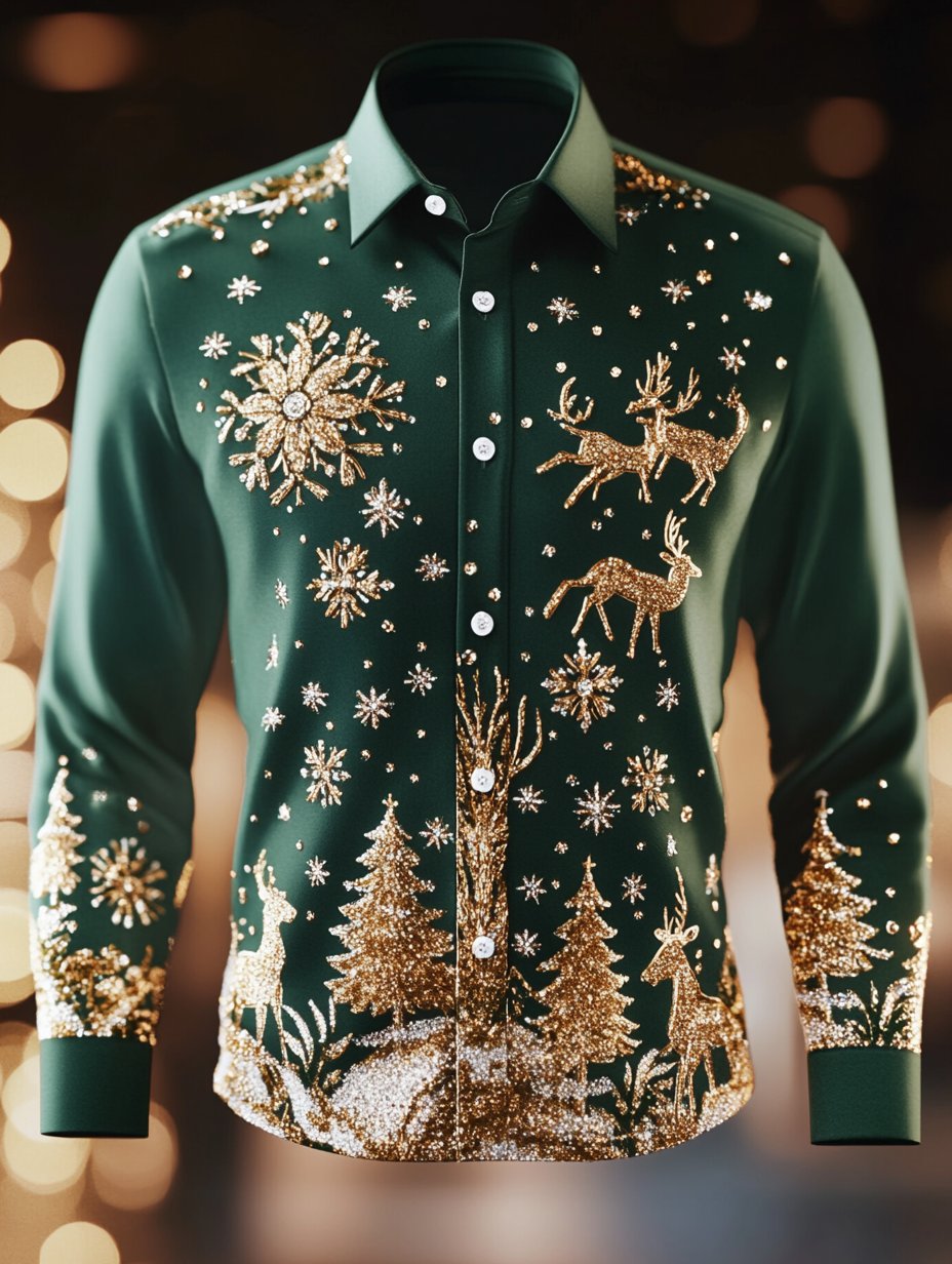 Camisa retro Christmas estampado Elk de manga larga para hombre