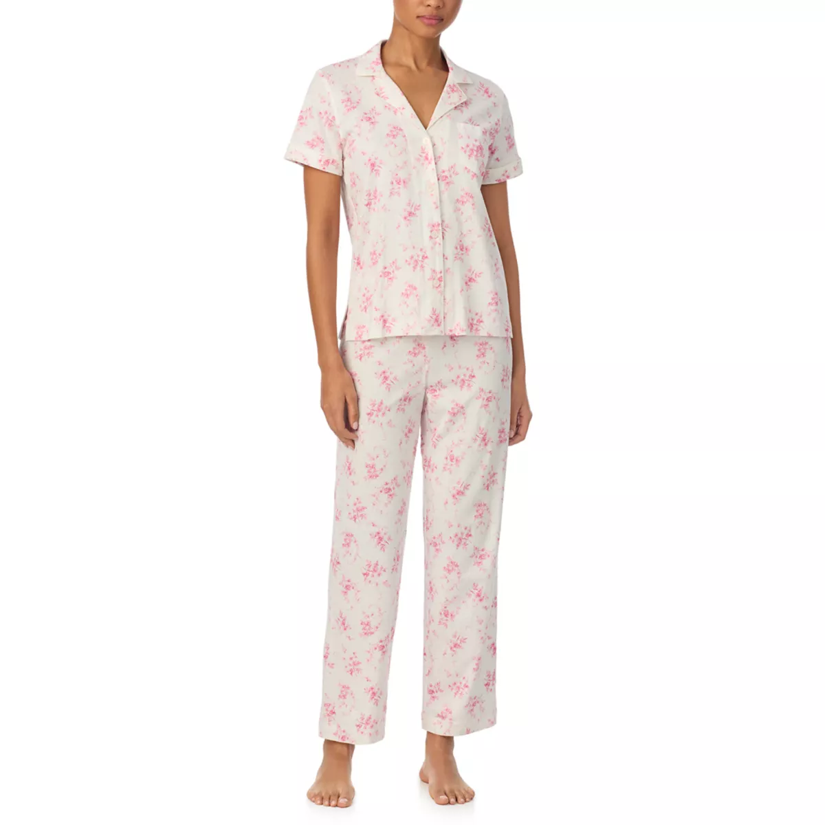 Short Sleeve Notch Collar Ankle Pant Pajama Set - 4