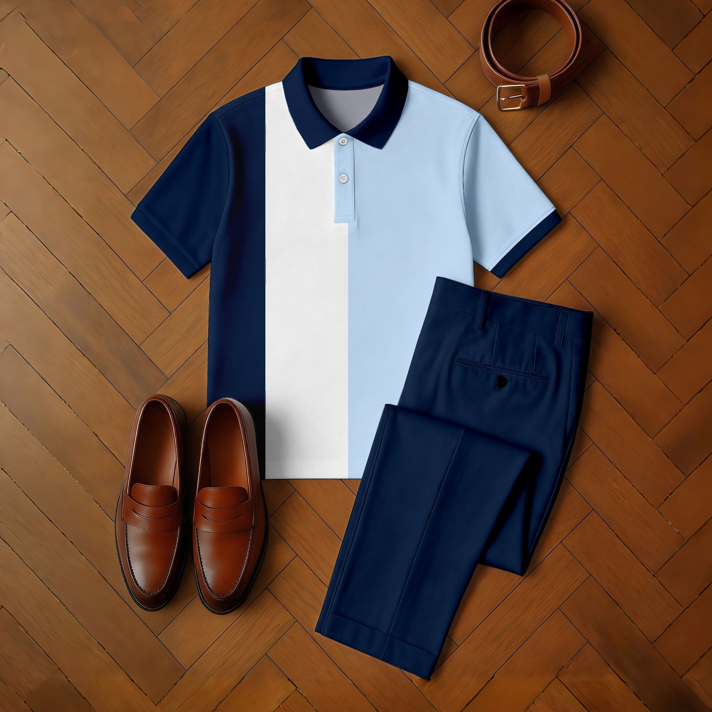 Conjunto de dos piezas casual Navy Blue & White & Blue Color Matching estampado de manga corta camisa polo & Trousers para hombre
