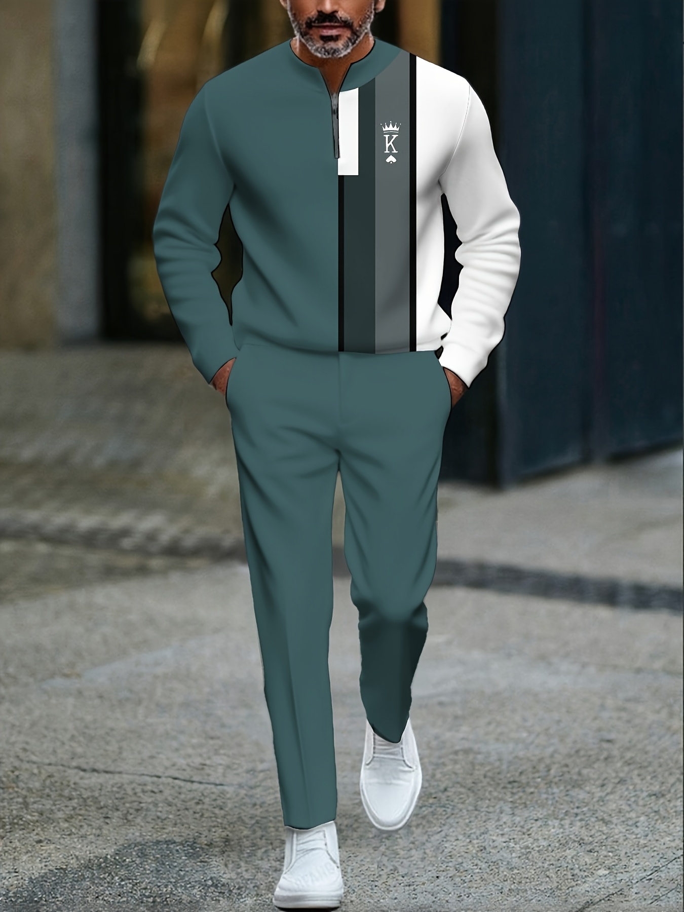 Conjunto de dos piezas casual Green & White Color Matching Geometric estampado Round-Neck Zipper de manga larga sudadera & Trousers para hombre