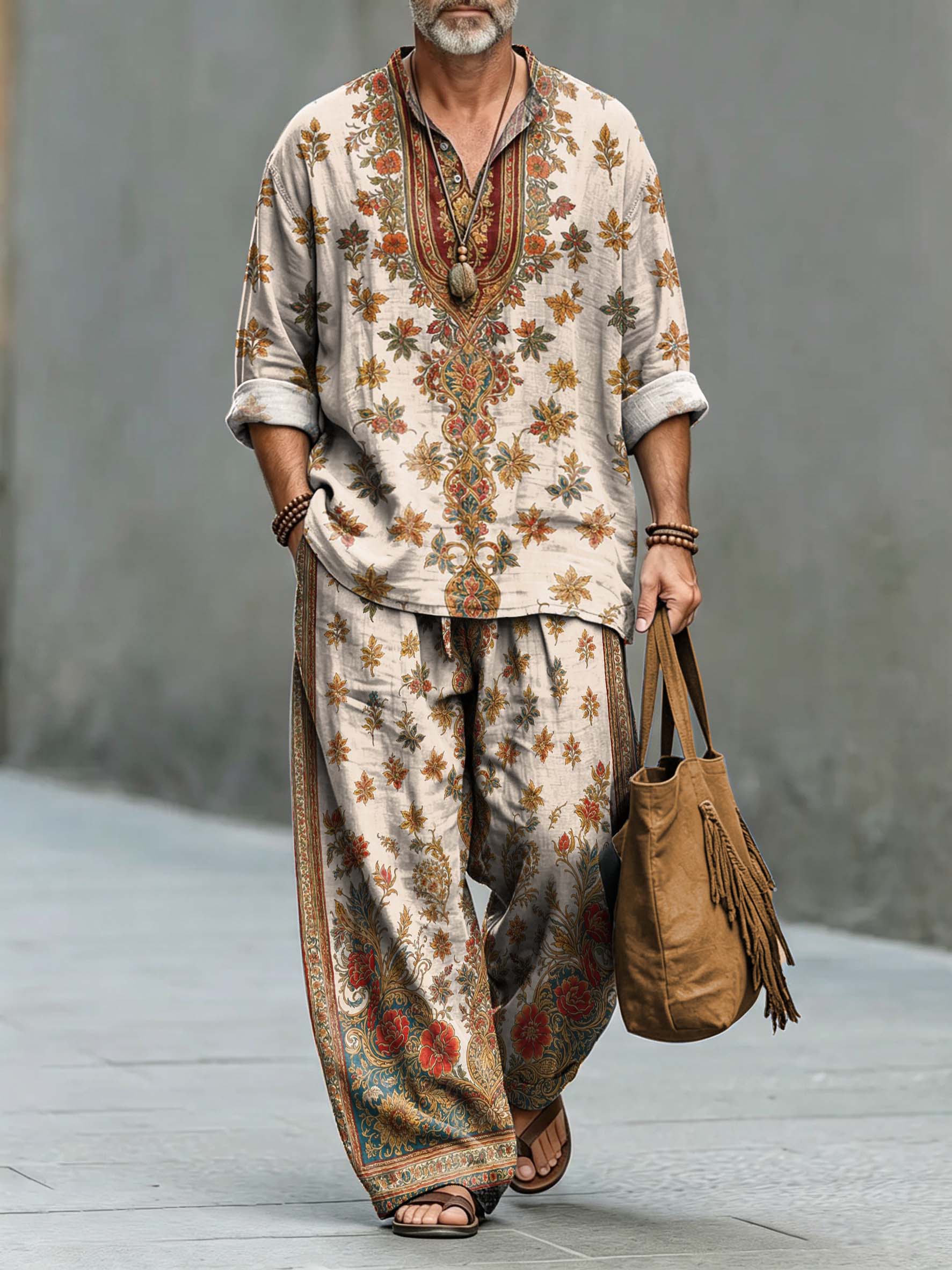 para hombre vintage Symmetrical Ethnic Paisley Print de algodón camisa Set