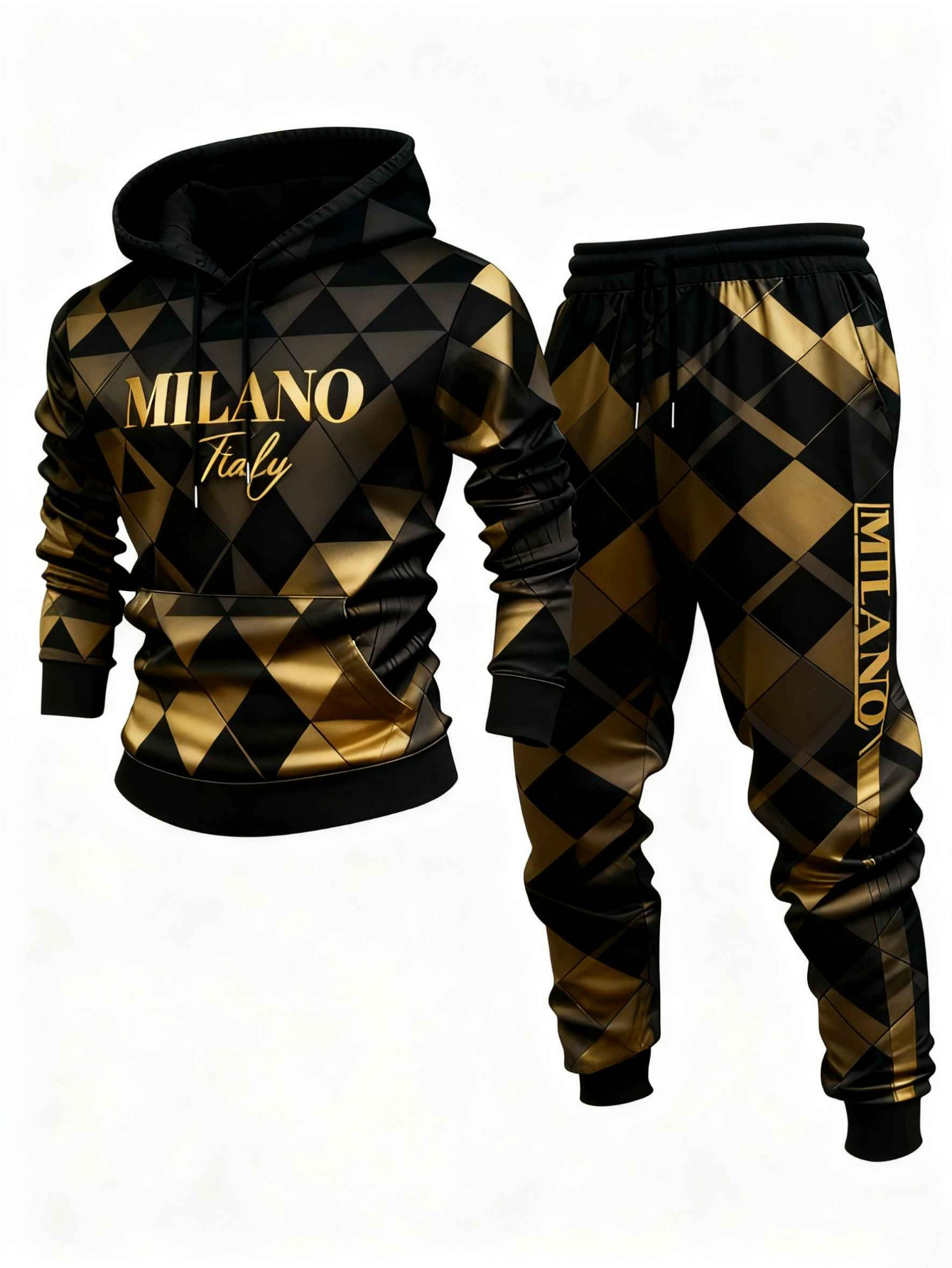 Conjunto de dos piezas casual Black & Gold Geometric estampado sudadera con capuchas de manga larga sudaderas & Sweatpantalón para hombre