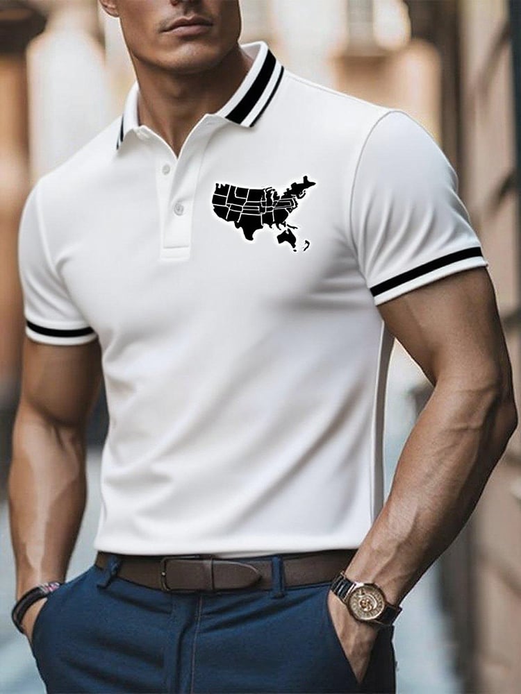 Camisa polo ejecutivo casual US Map Button de manga corta para hombre