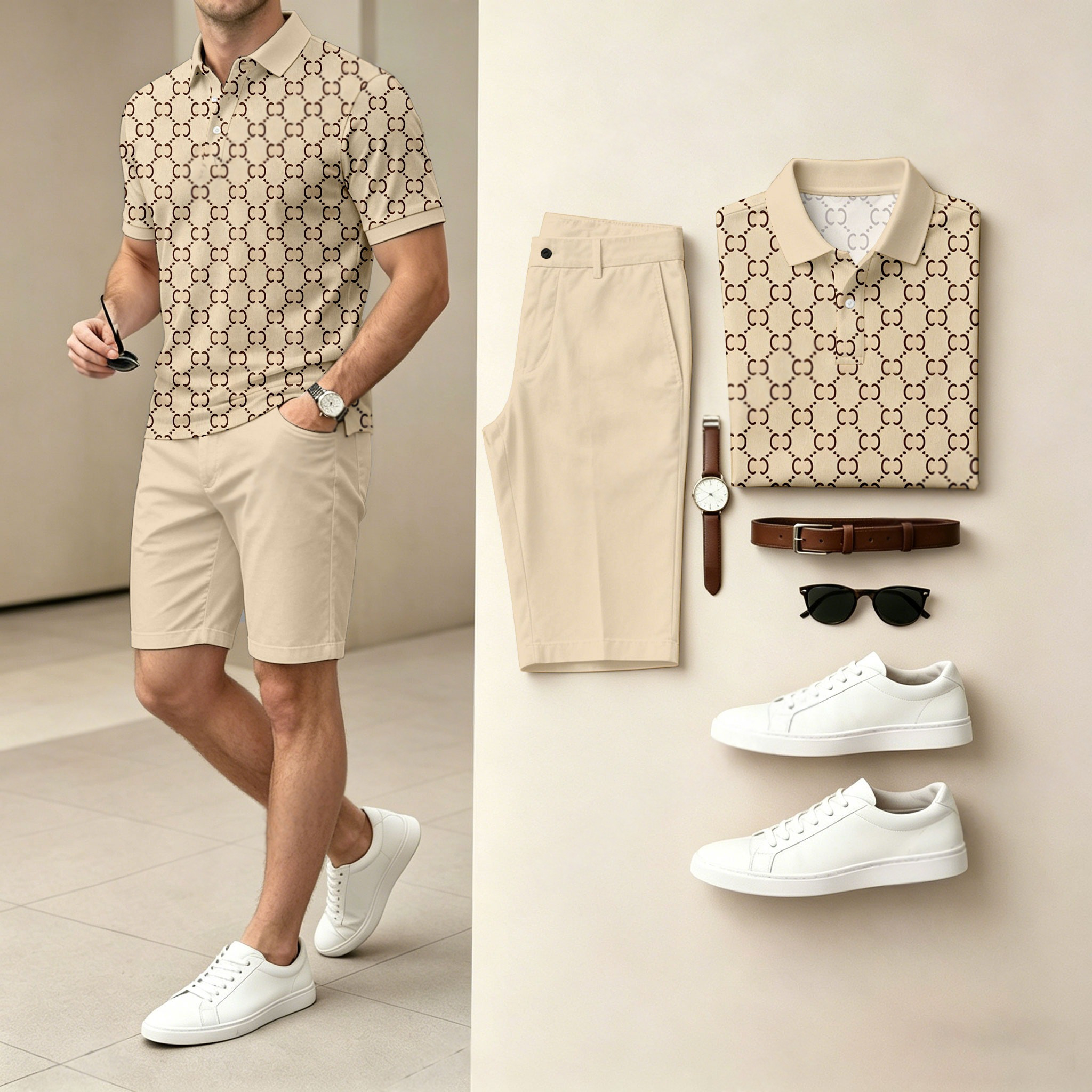 Conjunto de dos piezas casual estampado camisa polo And shorts (Does Not Include Watch, Belt, Or Accessories) para hombre
