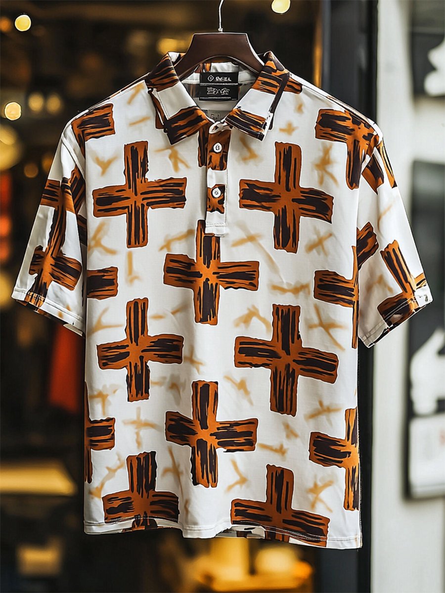 Camisa polo vintage casual Cross Art Button de manga corta para hombre