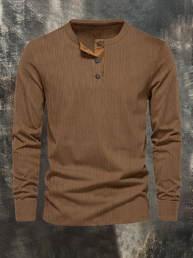 Camiseta pana casual Henley de manga larga para hombre