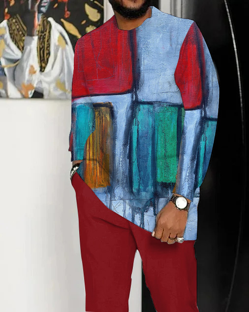 Retro Geometric Art Pattern Walking Suit de manga larga Suit para hombre