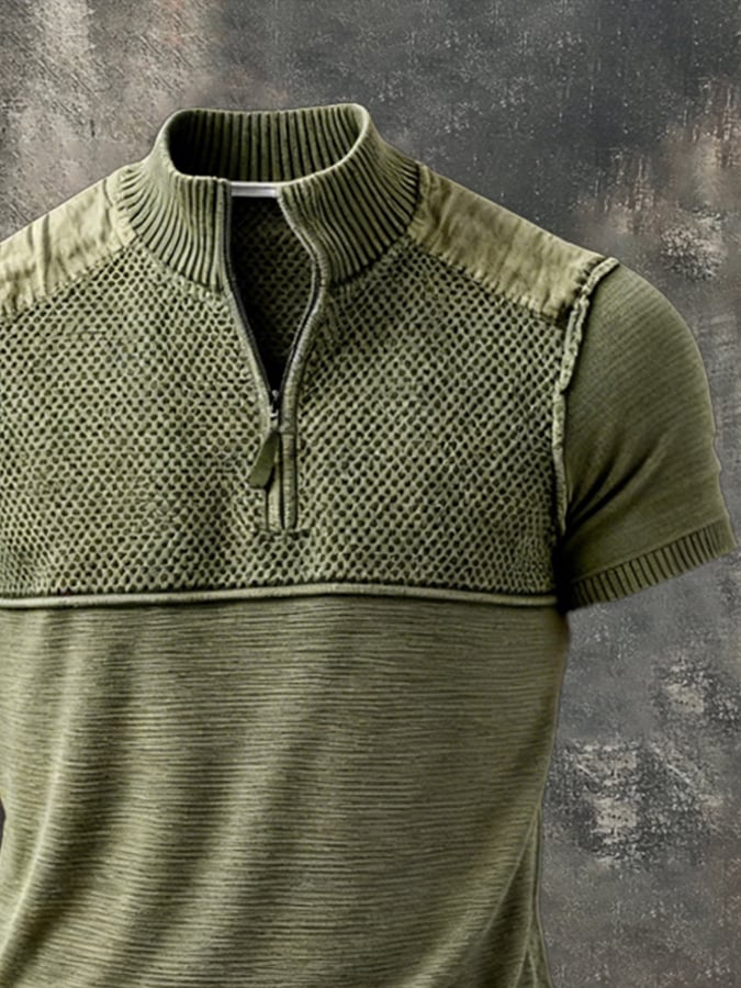 Retro en bloques de color tejido Half-Zip cuello de manga corta Top para hombre