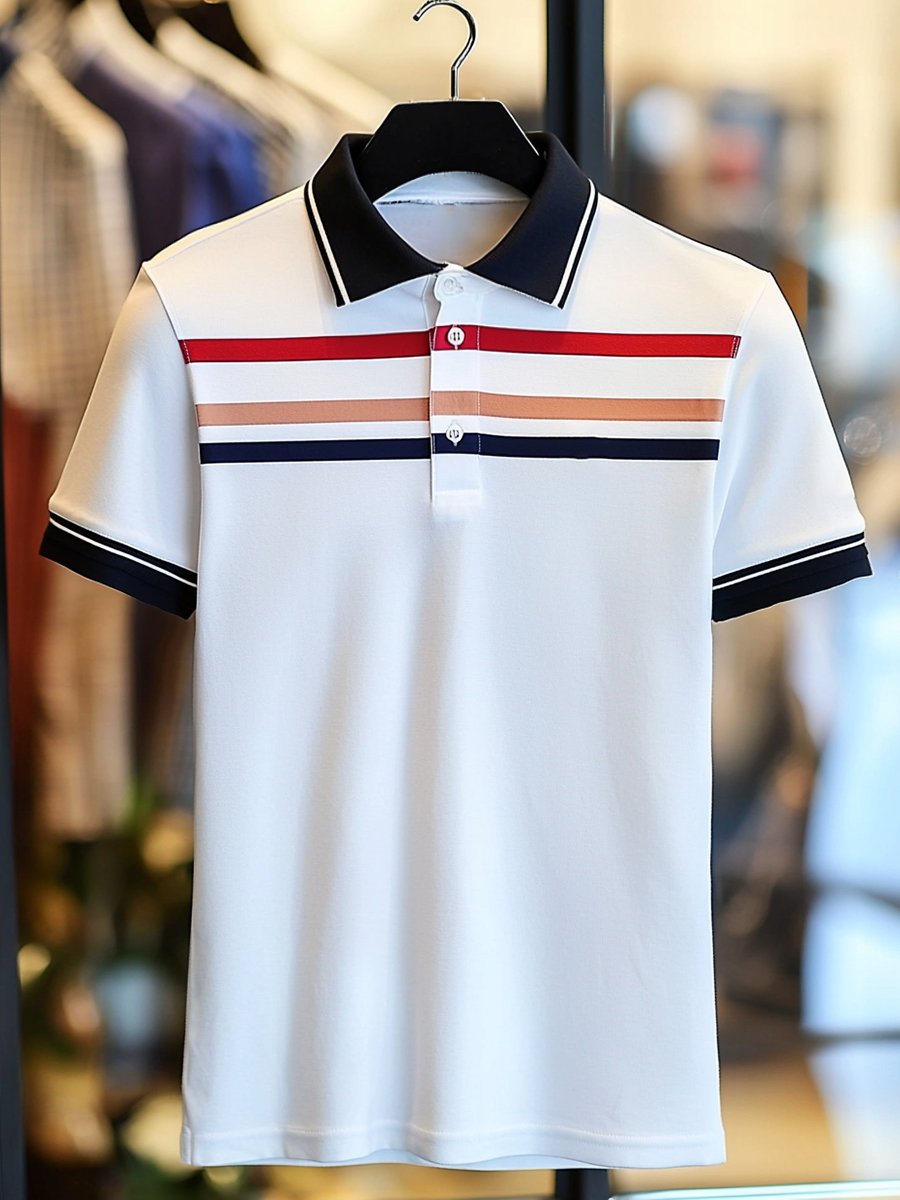 Camisa polo ejecutivo rayas Logo con botones de manga corta para hombre