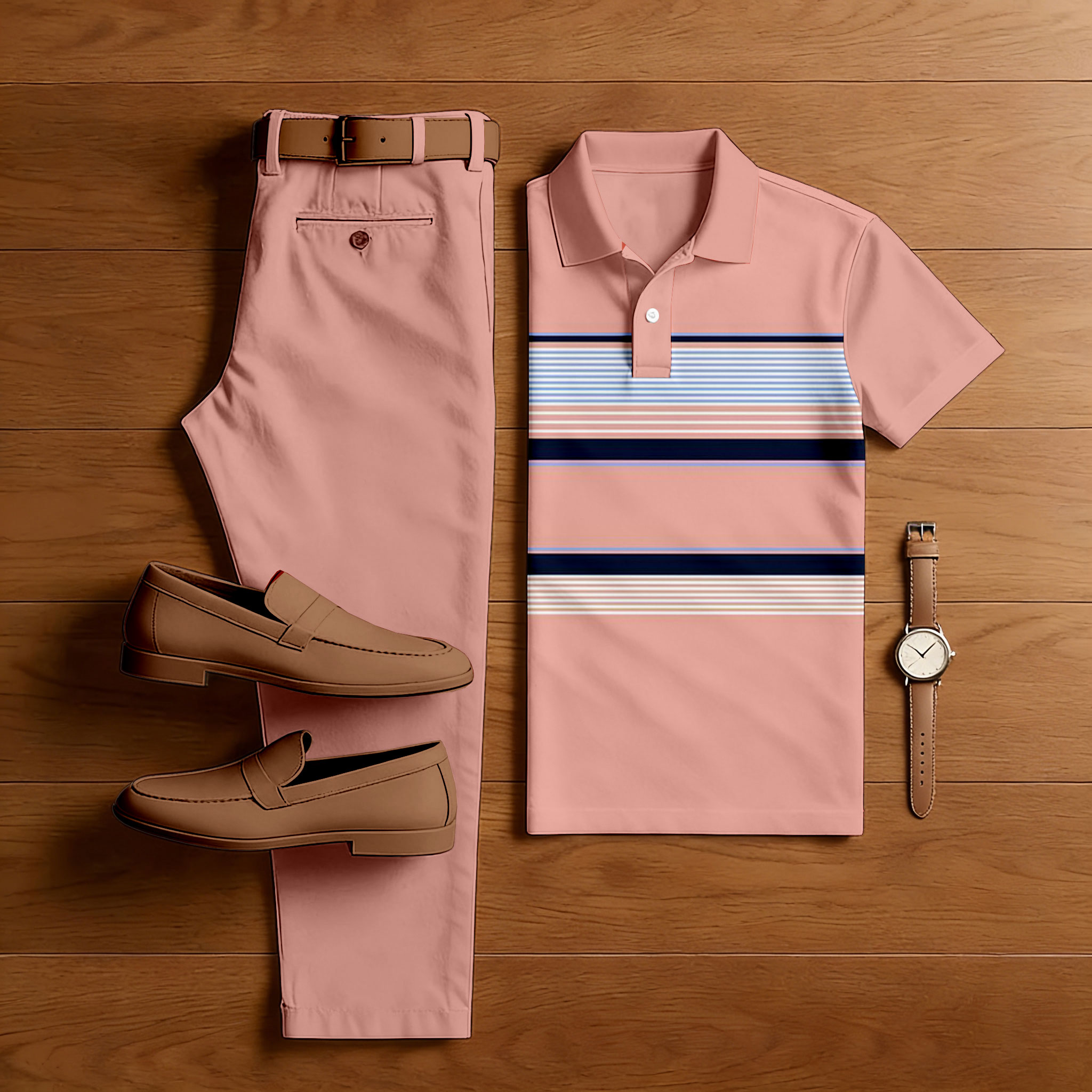 Conjunto de dos piezas casual Pink & Blue Color Matching a rayas estampado de manga corta camisa polo & Trousers para hombre