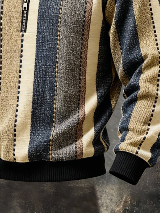 Sudadera casual retro Contrast Color Half Zip Stand cuello de manga larga para hombre