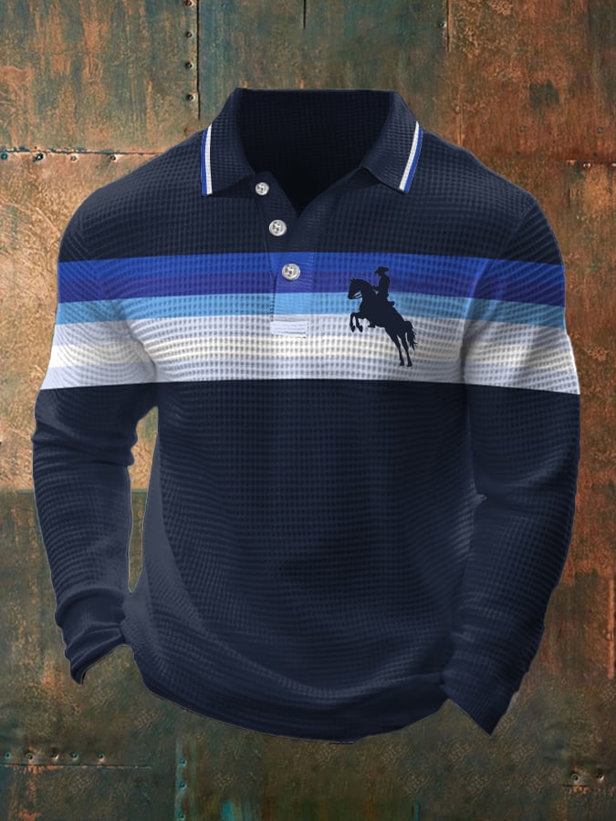 Camisa polo retro Lettering Design Waffle Fabric de manga larga para hombre