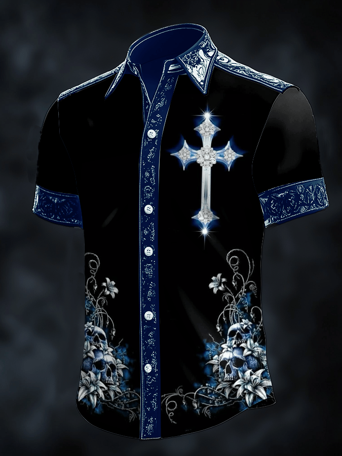 Camisa Dark Skull estampado satén de manga corta para hombre