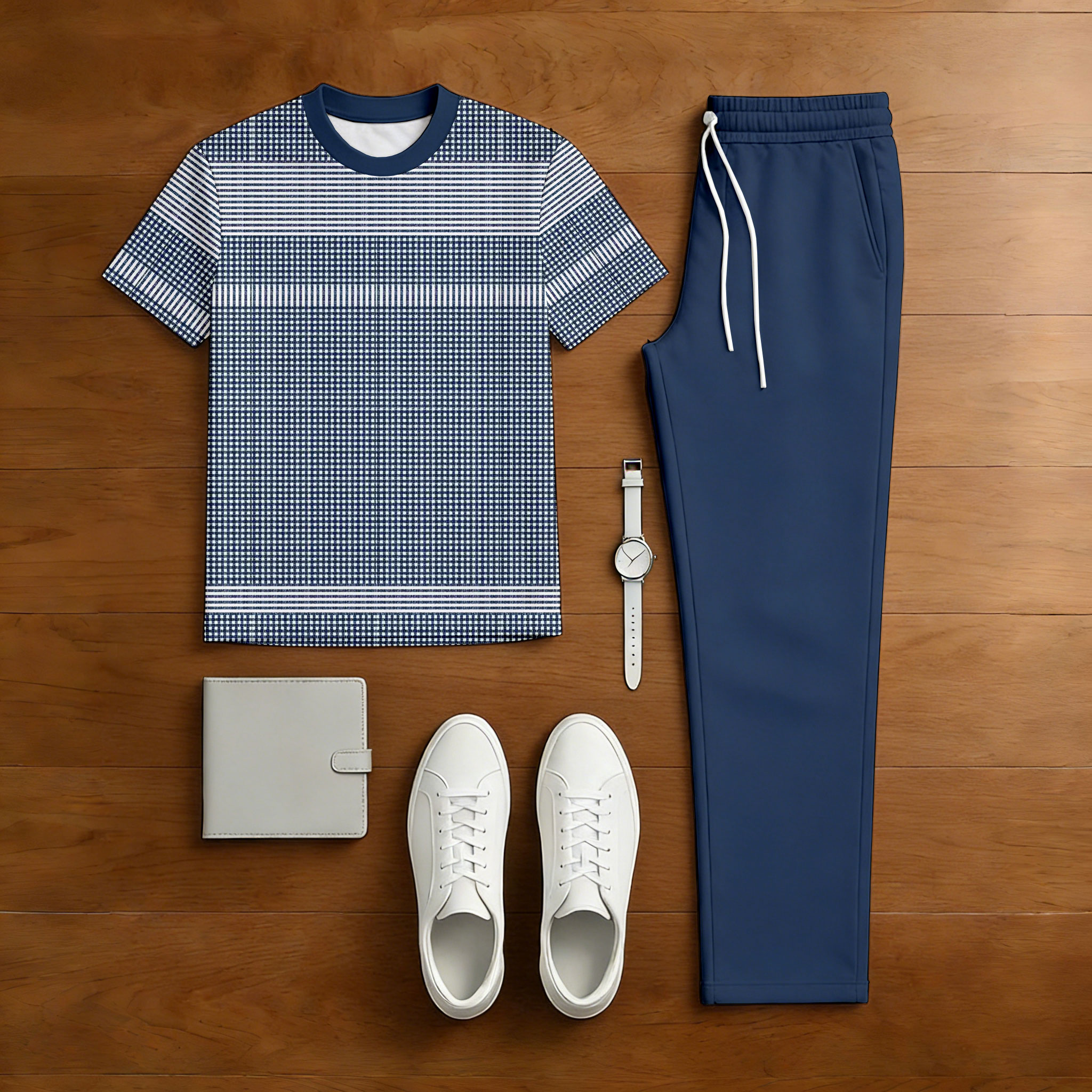 Conjunto de dos piezas casual Navy Blue & White Color Matching Checkered estampado de manga corta camiseta & Trousers para hombre