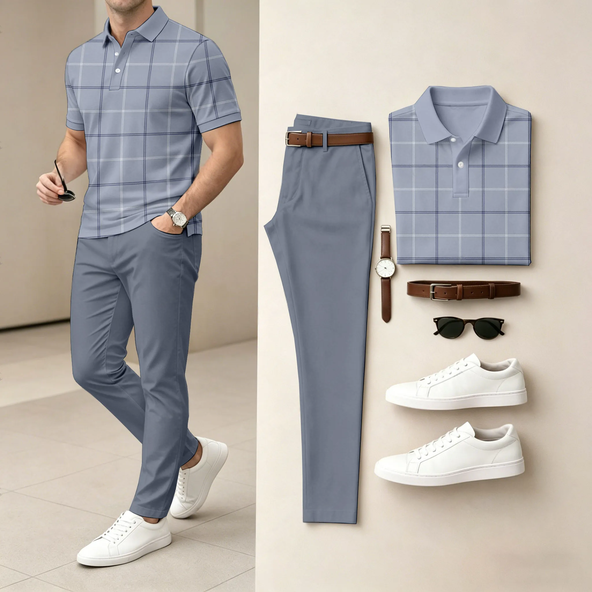 Conjunto de dos piezas casual Gray a cuadros estampado camisa polo And pantalón para hombre
