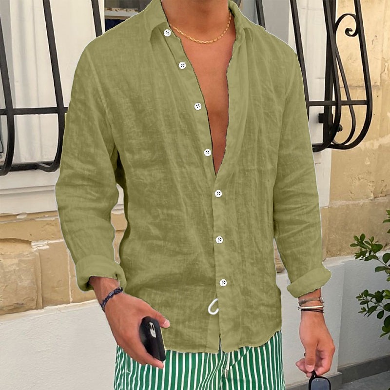 Camisa de lino camisa Summer camisa Beach camisa Plain casual para uso diario Black White Pink Royal Blue de manga larga solapa Spring & Summer Clothing Apparel para hombre - vista 10