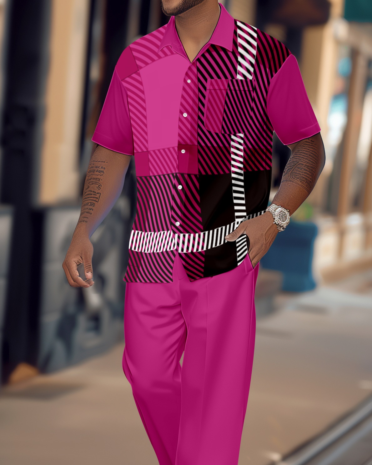 Camisa retro Colorblock de manga corta Walking Suit 1555 para hombre